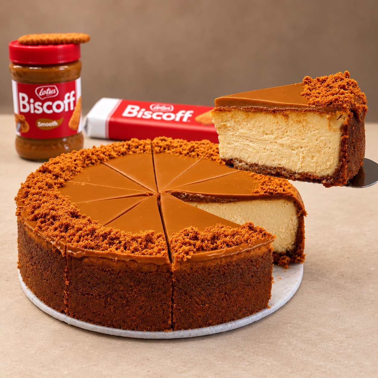 Biscoff cheesecake with a slice served beside it