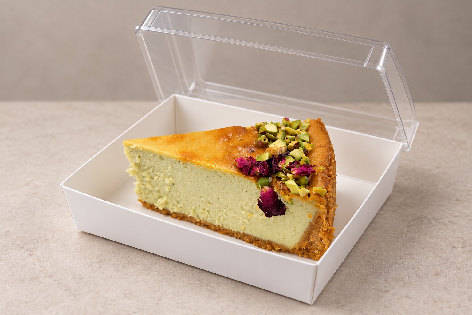 A decorated cheesecake slice