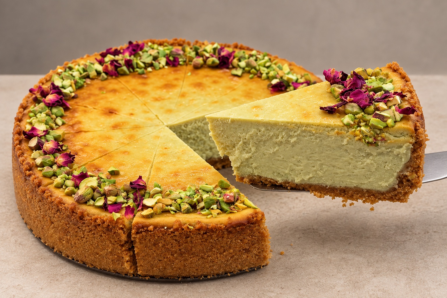 A golden cheesecake with pistachio and flower garnish