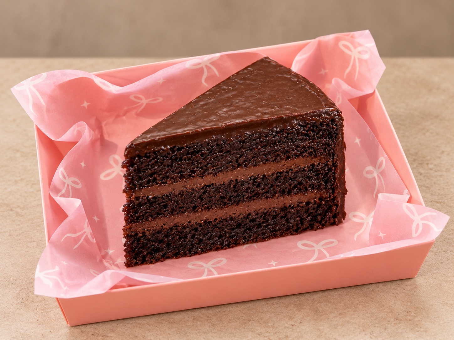 A slice of Matilda chocolate cake in a pink cake box